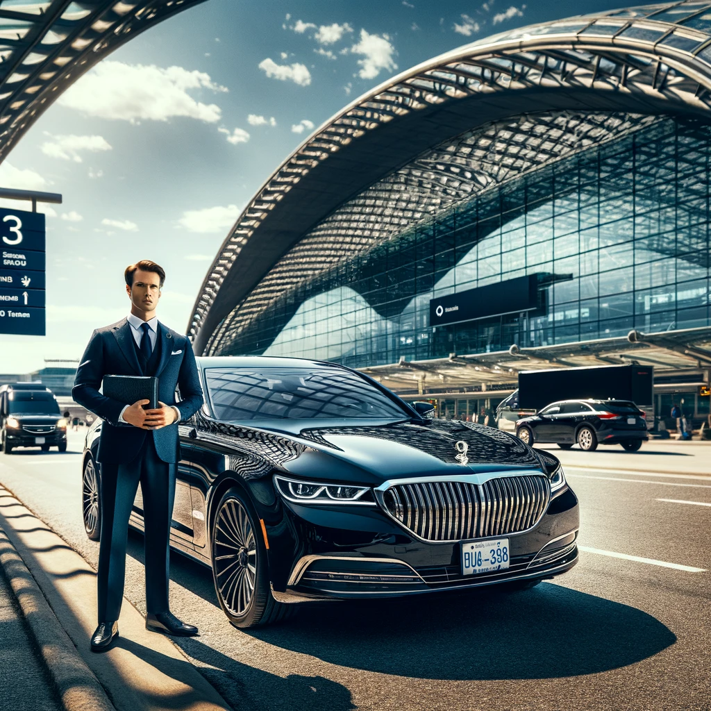 outside the modern Toronto Pearson International Airport. The scene captures a sunny day with the iconic airport, toronto airport black car service