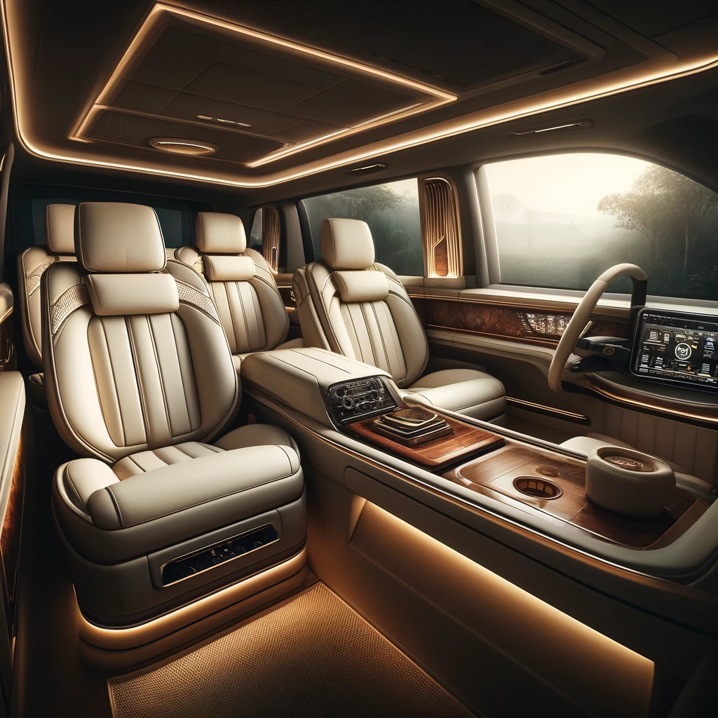  A luxurious vehicle interior showcasing superior comfort and elegance. The scene includes plush leather seats in a rich cream color, with ample legroo