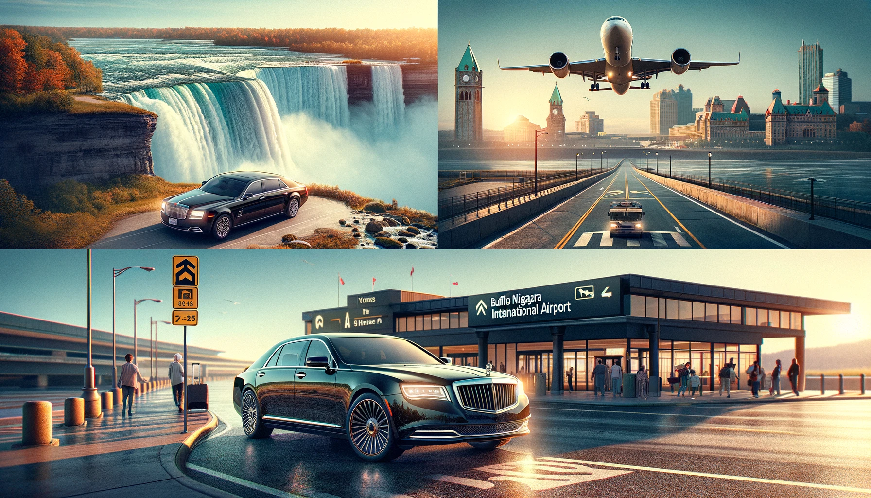 An elegant scene depicting transfers between Niagara Falls and Buffalo Niagara International Airport. The image features a luxurious black car, Niagara Falls and Buffalo Niagara International Airport transfers